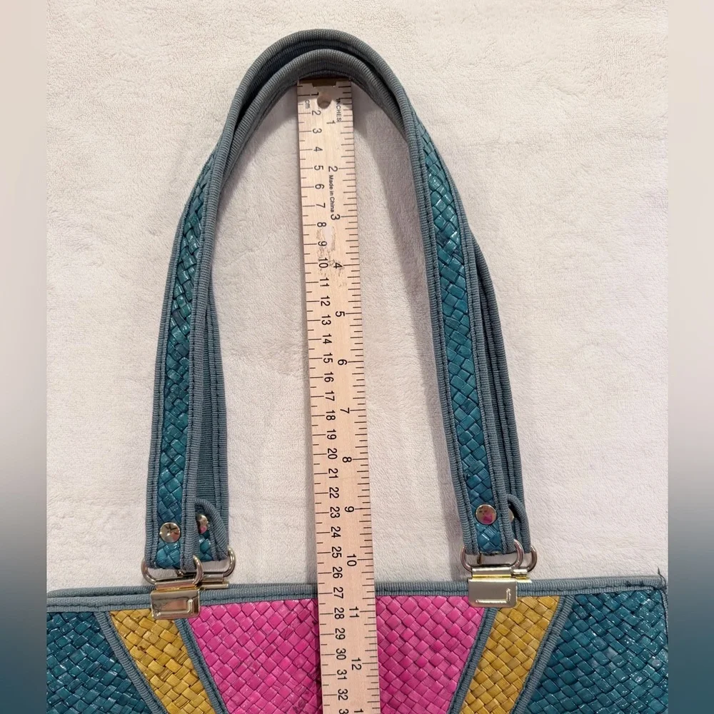 Vintage Woven Straw Tote Bag Colorblock Pink Teal Mustard Made in Italy - Picture 5 of 10